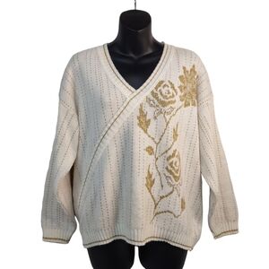 Vintage Ellend Women's cream White Gold Metallic V-Neck Sweater Size L